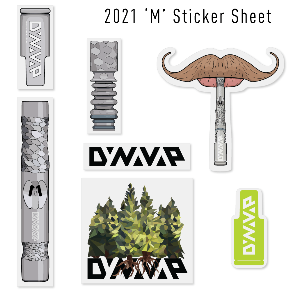 2021 M sticker pack with 2021 M cap, 2021 M tip, 2021 M stem, black dynavap logo, green dynavap cap logo, dynavap tree logo, and mustache lips with 2021 M